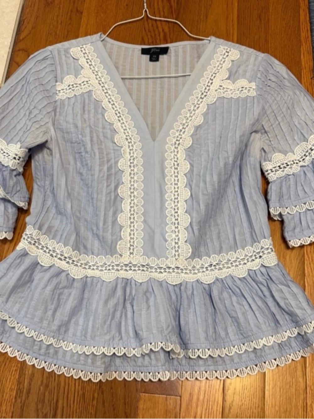 J. Crew Light Blue V-Neck Lace-Trim Peplum top
